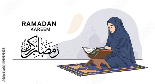 Young muslim woman wearing a hijab reads the quran while sitting on a prayer mat during the holy month of ramadan.