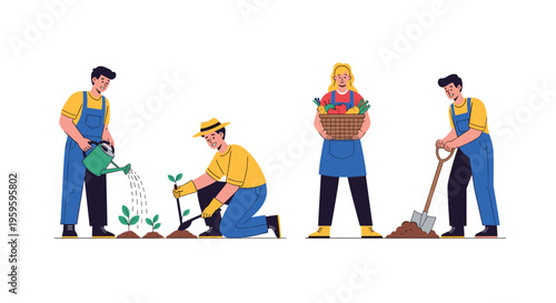 Group of happy gardeners work together planting sprouts, watering vegetables and harvesting fresh crops in a rural farm setting.