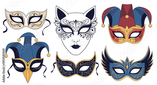Set of six elegant masquerade masks features various designs from carnival jokers and animals to sophisticated feathered styles.