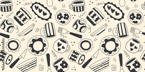 Seamless pattern of kitchen utensils and cutlery in doodle sketch style. Simple hand drawn ink illustrations of plate, mug, cup, glass, knife, fork, and spoon on beige background. Print, vector graphi