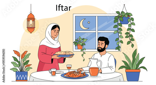 Muslim man and woman share an iftar dinner at home during ramadan with traditional food and drinks in a cozy room setting.