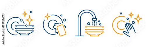 Clean dishes icons. Set icon of shiny plate stack, hand washing, wash kitchen utensil, pile tableware. Clean dishes outline editable stroke.