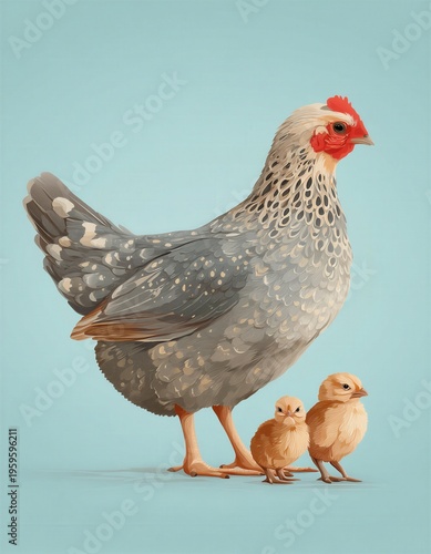 Una gallina protectora con sus polluelos.