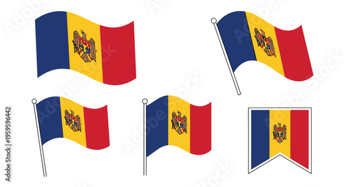 Set of five moldova national flags in various waving styles and banner shapes for official or decorative national use.
