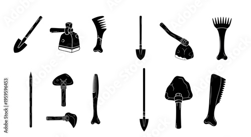 Set of Prehistoric Stone and Bone Tools and Weapons Silhouettes, Twelve black silhouette illustrations depicting various primitive stone and bone tools and weapons, arranged in two rows 