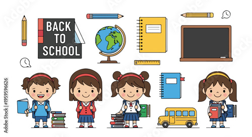 Back to School Kids Flat Vector Illustration with School Supplies and Cute Characters
