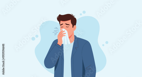 Young man feeling unwell and blowing his nose with a paper tissue while suffering from common cold or seasonal allergies.