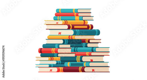 Large stack of colorful hardcover books with bookmarks piled high on top of each other against a plain white background.