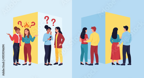Comparison between interpersonal conflict with angry people and a state of harmony and affection between couples in various scenes.