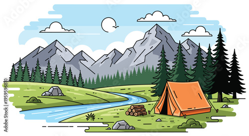 Peaceful outdoor scene with a camping tent by a river in a mountain valley surrounded by pine trees and rocks under a clear sky.