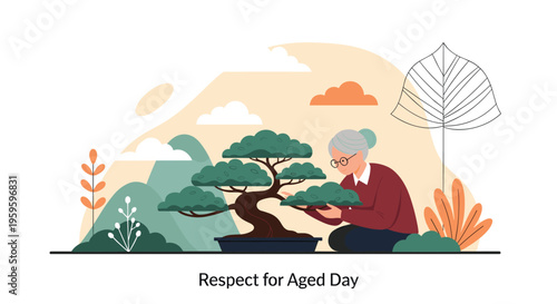 Elderly woman carefully tending to a bonsai tree in a serene park setting to celebrate Respect for Aged Day.