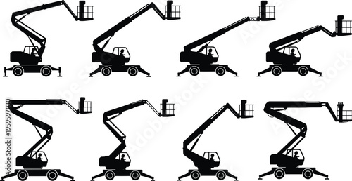 Boom lifts silhouettes flat vector illustration, aerial work platforms construction equipment