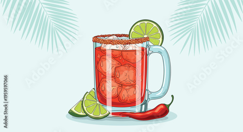 Mexican michelada cocktail with tomato juice lime and chili peppers served in a glass with a salt rim against a tropical background.
