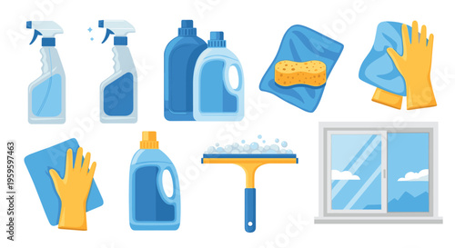 Set of various household cleaning supplies and equipment including spray bottles detergent gloves and sponges for housekeeping.