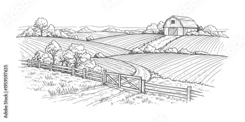 Rural landscape with rolling fields barn and wooden fence