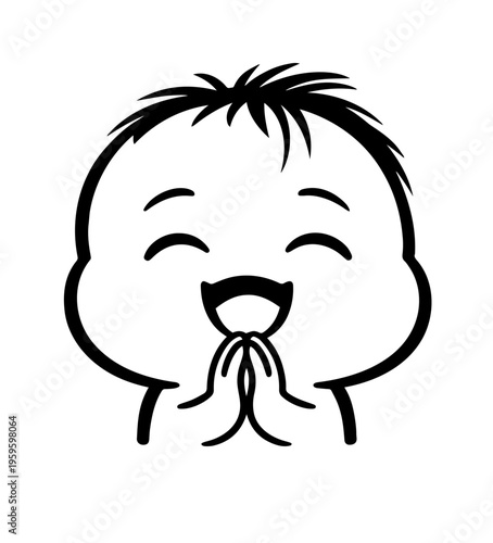 Cute smiling baby with hands together, grateful and thankful expression, simple line illustration