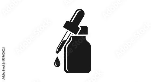 Medical Dropper Bottle Silhouette with Falling Liquid Droplet on Isolated White Background