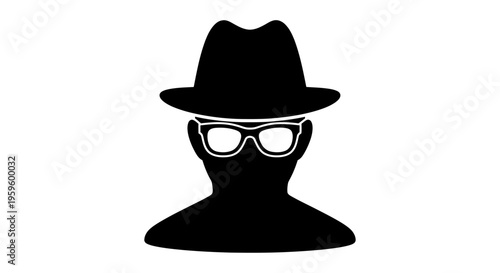 Stylish Man Silhouette with Fedora Hat and Sunglasses Facing Forward on Isolated White Background