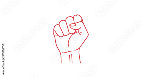 Red Line Art Clenched Fist Symbol of Power and Protest on Isolated White Background