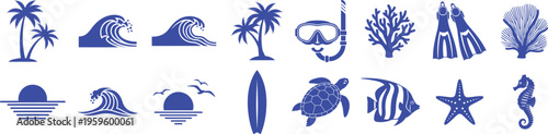 Summer Vacation Silhouette Icon Set with Beach and Marine Life