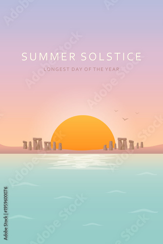 Summer solstice vertical poster with ancient stone circle and sunset vector illustration.