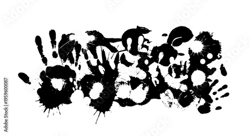 Abstract Black Ink Handprints and Splatters Graffiti Art on Isolated White Background