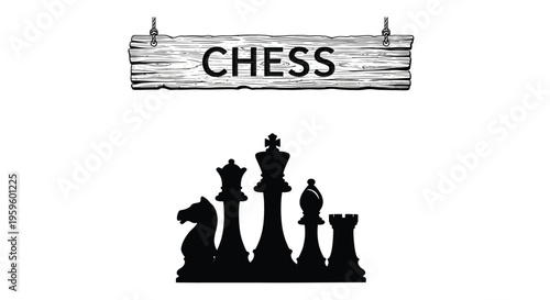 A wooden sign displaying the word chess above silhouetted chess pieces