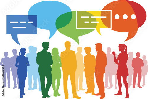 Flat vector diverse people silhouettes with colorful speech bubbles communication conceptFlat vector diverse people silhouettes with colorful speech 