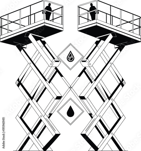 Dual scissor lifts, hydraulic platforms, worker safety, construction machinery silhouettes, flat vector illustration