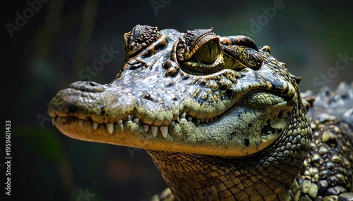 Close-up portrait of a caimans head with detailed scales and teeth.