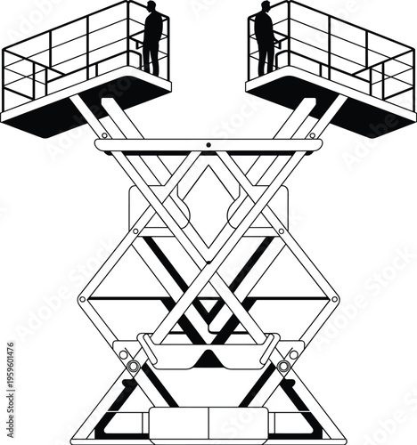 Dual scissor lift, elevated platforms, worker safety, hydraulic construction equipment, flat vector illustration