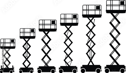 Scissor lifts, elevated platforms, hydraulic equipment, construction machinery silhouettes, flat vector illustration