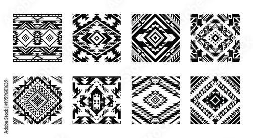 Eight black and white geometric patterns arranged in a grid formation
