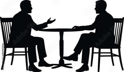 Business meeting, interview discussion, negotiation table, communication silhouettes, teamwork concept, flat vector