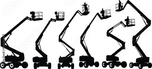 Construction boom lift, aerial platform, hydraulic arm, heavy equipment, industrial vehicle, flat vector