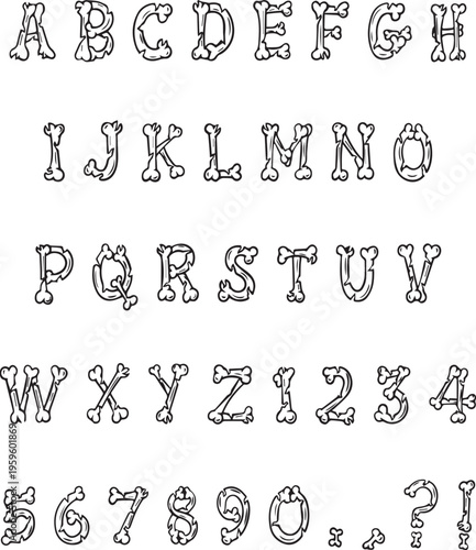 Handwritten Halloween bones skeleton  typography font lettering ABC cartoon vector text