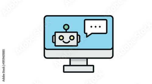 Light color icon of a computer with chatbot symbol and speech bubble. Modern vector illustration representing AI-powered communication, virtual assistant, and online customer support. 
