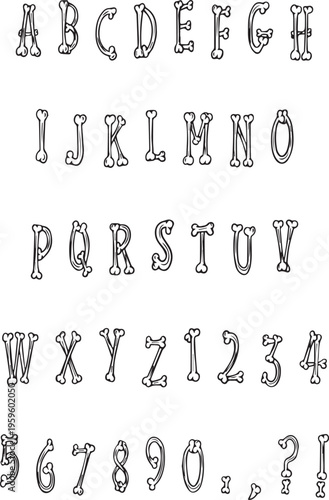 Handwritten Halloween bones skeleton  typography font lettering ABC cartoon vector text