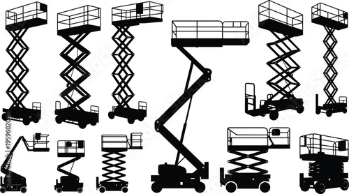 Aerial work platform silhouettes, scissor and boom lift vector illustration