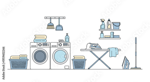 A line art illustration depicts a laundry room with two washing machines, ironing equipment, and cleaning supplies on a white background.