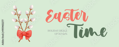 Easter willow branches with red ribbon bow illustration. Minimal spring banner design with natural elements and soft pastel colors. 3D Easter realistic illustration