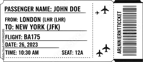 Airline ticket. Coupon for flight fly travel. Paper plane design. Realistic invitation card. Travel Layout template. Vector illustration isolated.
