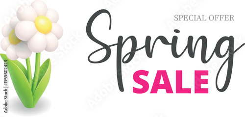 Spring sale banner with white flower illustration. Minimal floral design with soft colors for seasonal advertising and branding. 3D Easter realistic illustration