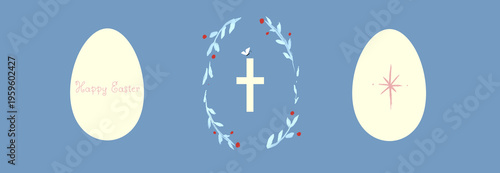 Blue Easter Egg with Cross, Christian Faith Symbol, Minimal Religious Background, Vector Illustration