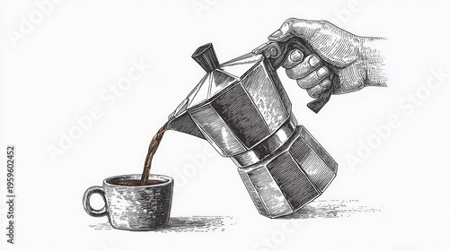 Hand pouring coffee from moka pot into cup engraving sketch illustration isolated on white background