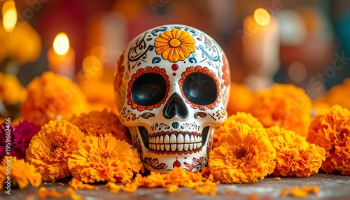 Decorated Sugar Skull Surrounded by Marigolds and Candles.