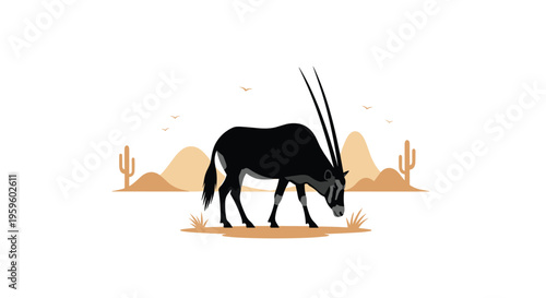 A black oryx grazes on sparse grass in a desert landscape with cacti and distant hills under a white sky.