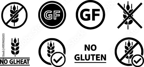 Gluten free vector icon set. No wheat or gluten symbols. Wheat grains isolated on white background. Vector illustration.
