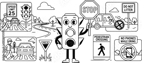 Traffic safety awareness cartoon featuring signs and warnings for drivers and pedestrians
