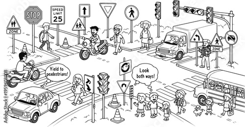 Traffic safety awareness cartoon featuring signs and warnings for drivers and pedestrians
